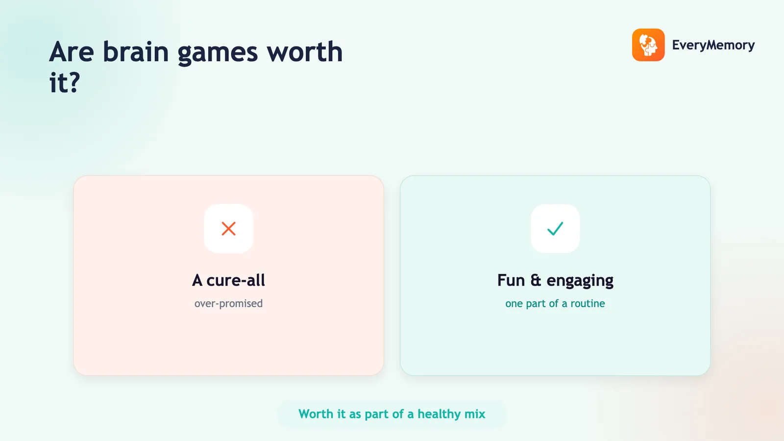 Two cards weighing brain games: not a cure-all, but fun and engaging as one part of a healthy routine.