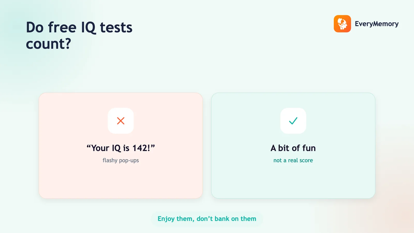 Two cards contrasting flashy free IQ pop-ups with online tests being fun, not a real score.