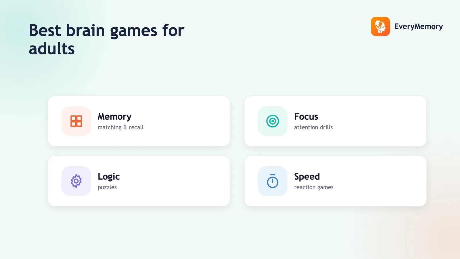 Best brain games for adults card with four tiles: memory recall, focus drills, logic puzzles, and speed reaction games.