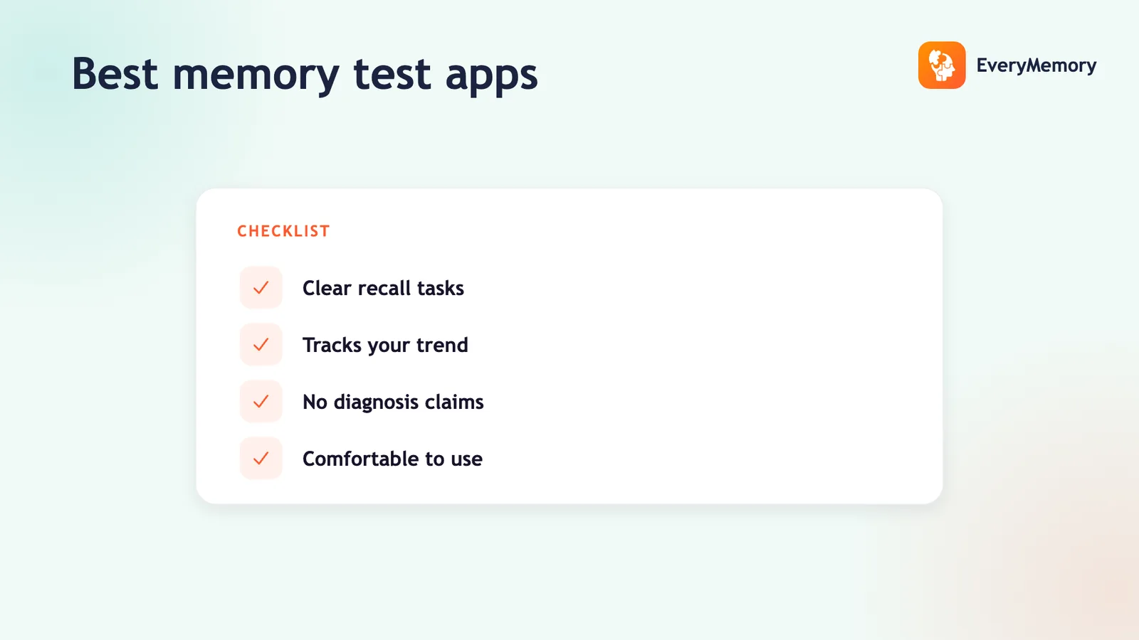 Best memory test apps checklist card: clear recall tasks, tracks your trend, no diagnosis claims, comfortable to use.