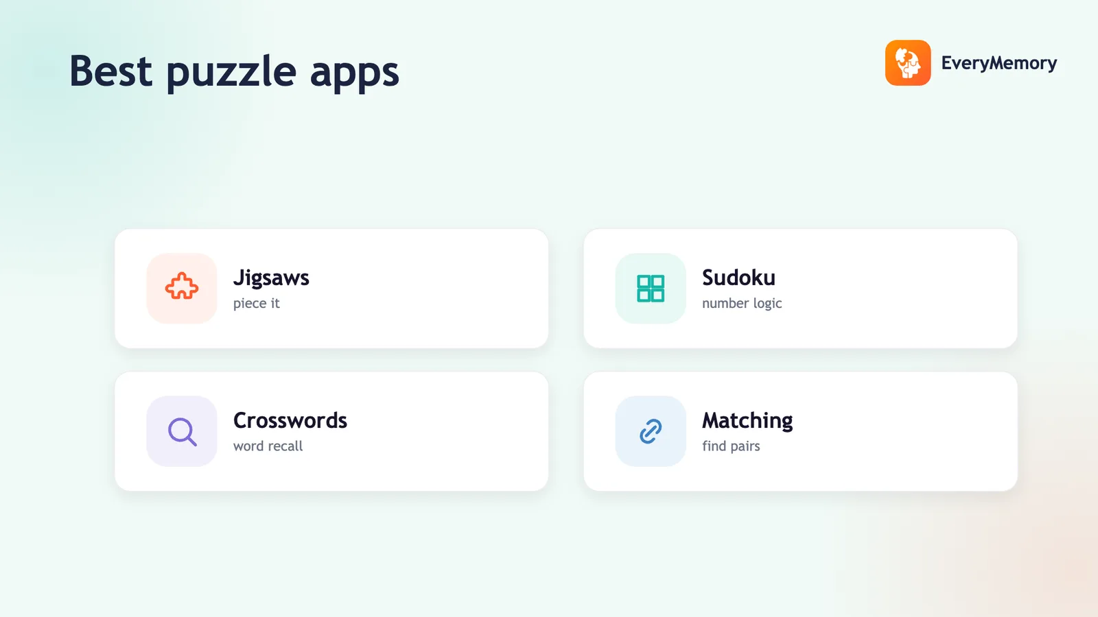 Best puzzle apps card with four tiles: jigsaws, sudoku number logic, crosswords for word recall, and matching pairs.