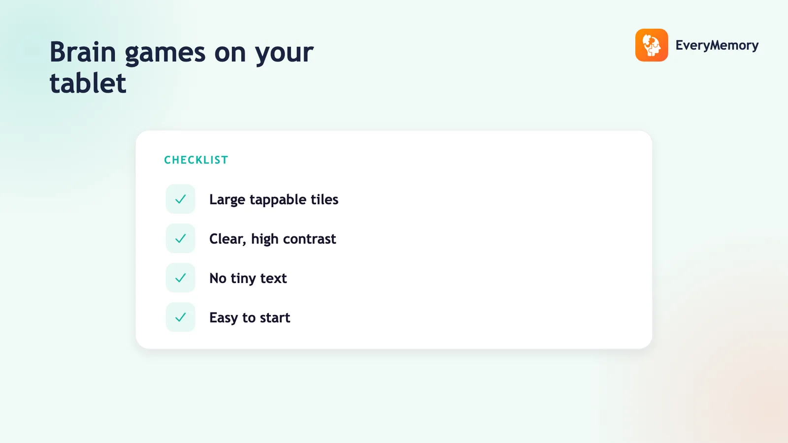 Tablet-game checklist: large tappable tiles, clear high contrast, no tiny text, easy to start