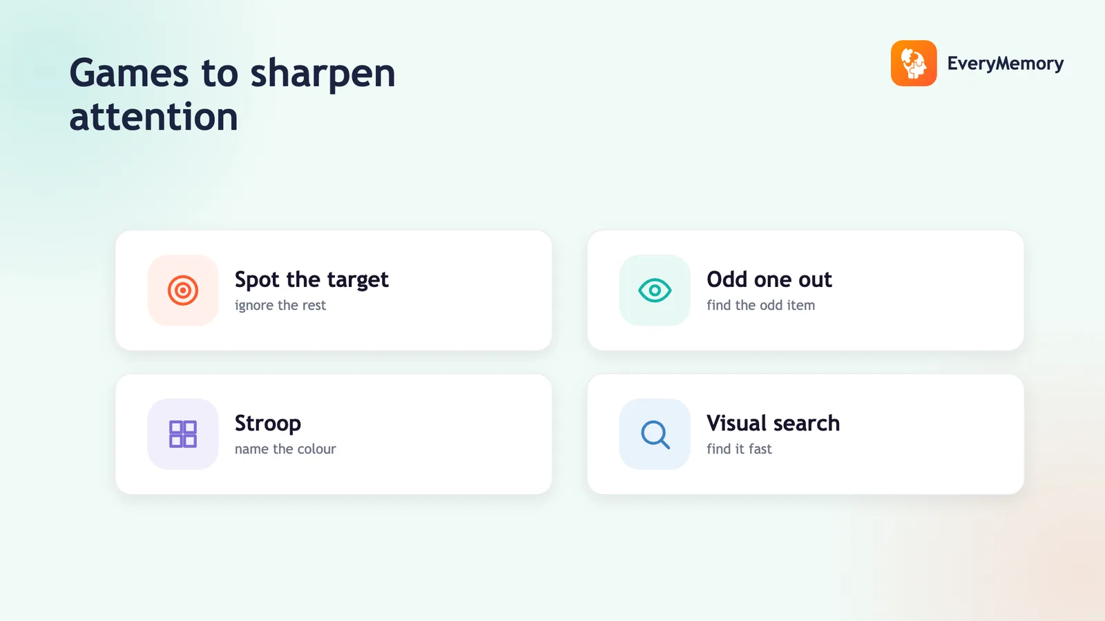Four attention game tiles: spot the target, odd one out, Stroop and visual search.