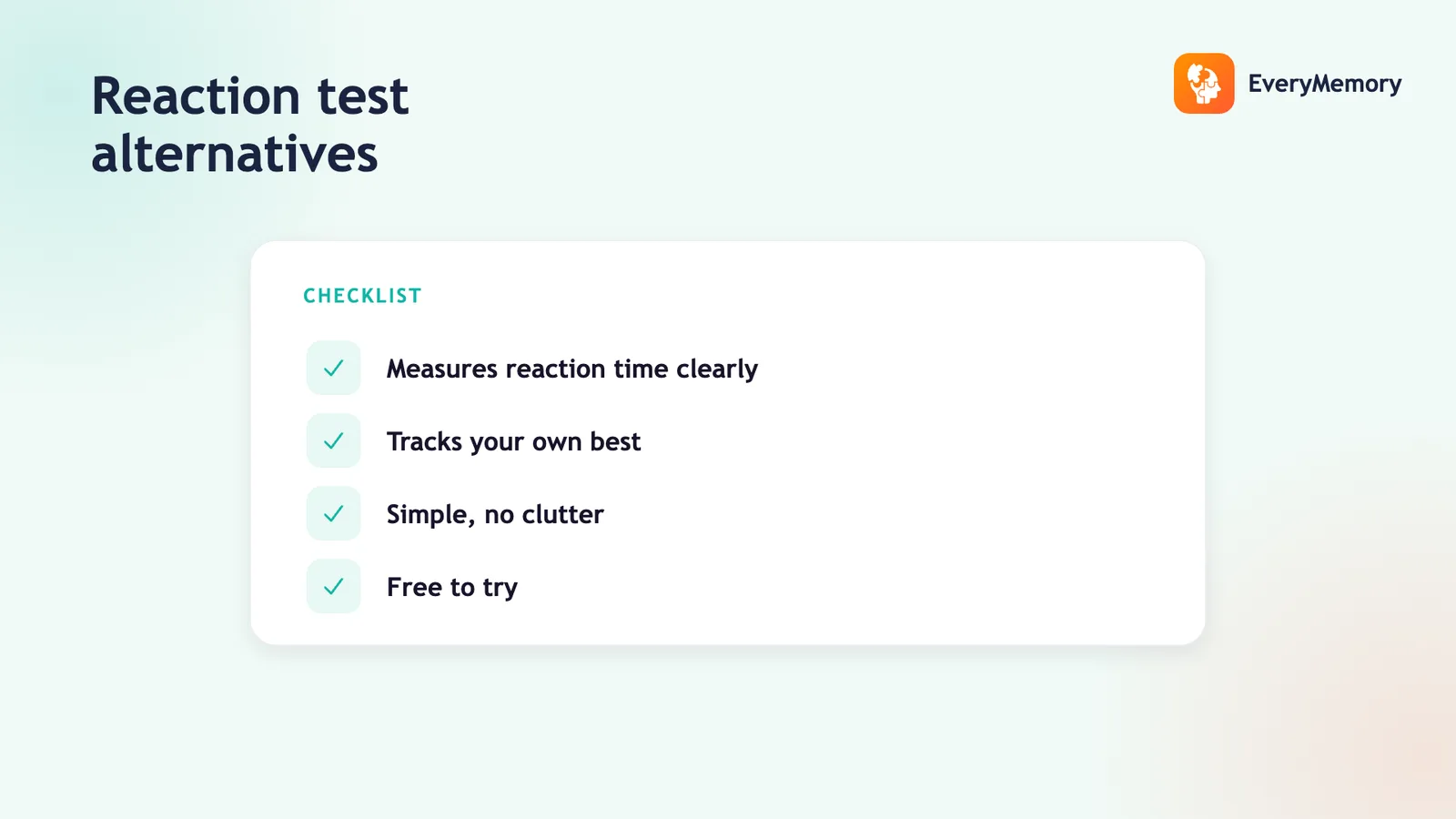 Reaction test alternatives card with a checklist: measures reaction time clearly, tracks your best, simple, free to try.