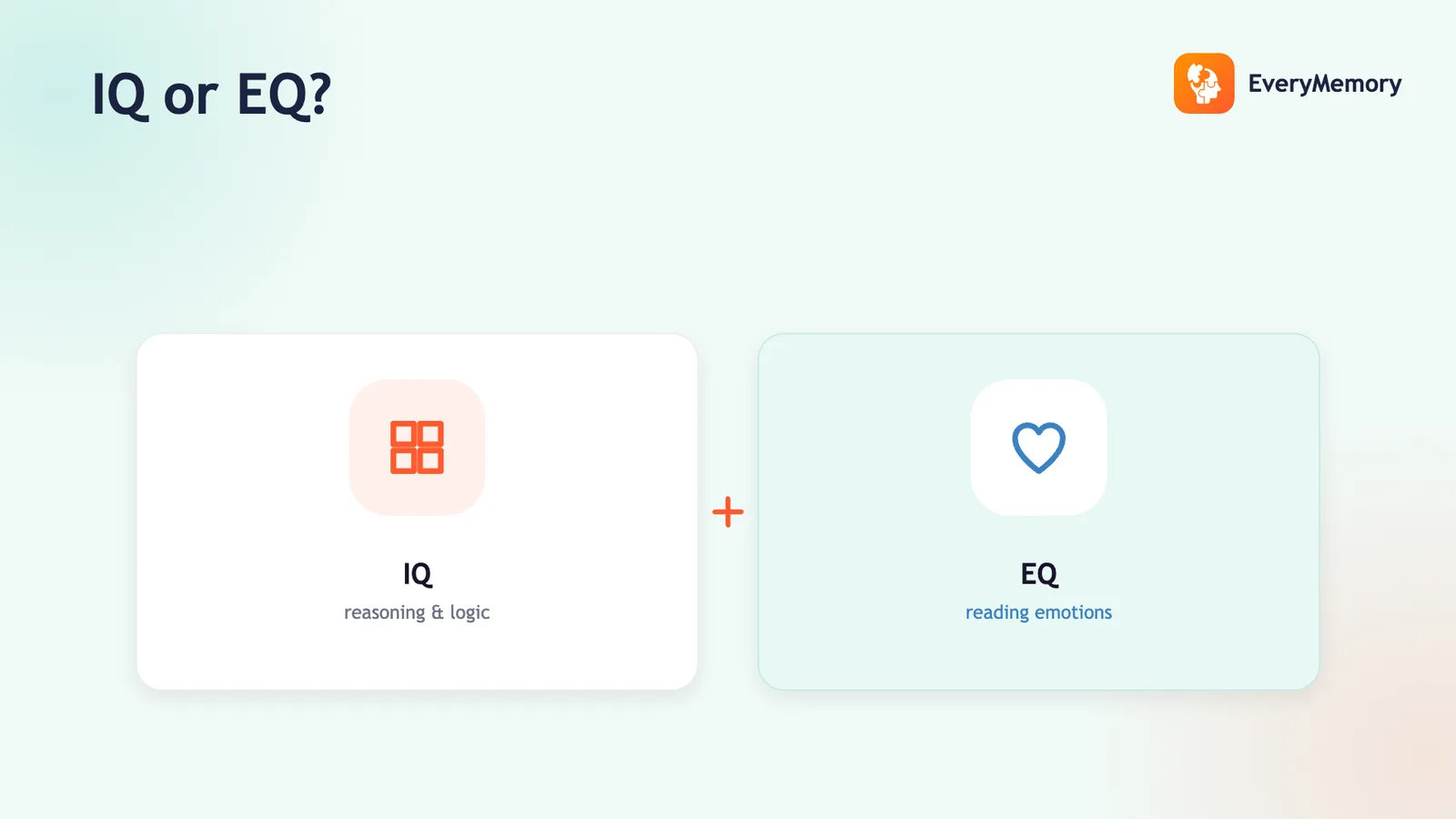 Two cards comparing IQ for reasoning and logic with EQ for reading emotions