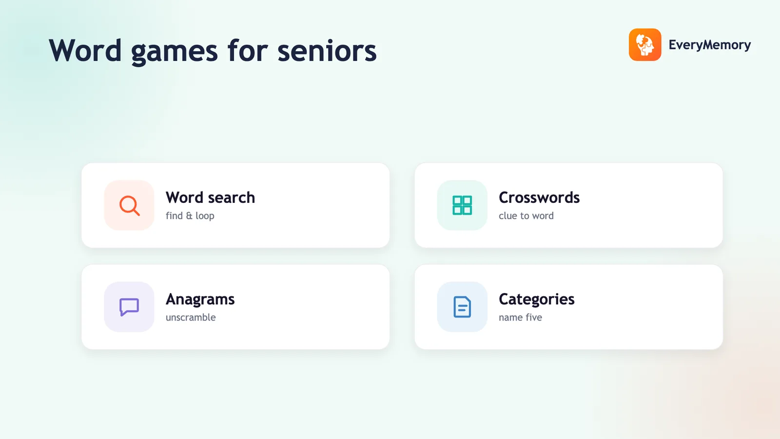 Four word games for seniors: word search, crosswords, anagrams, and categories